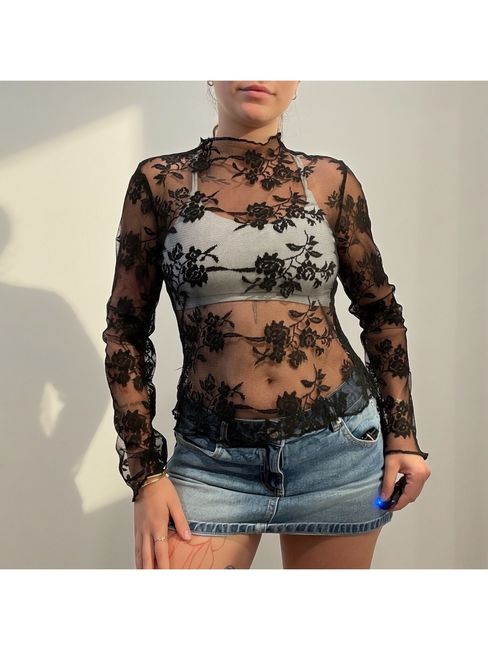 Black Floral Lace Sheer Long Sleeve Top